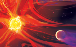 2021/02 - Artist view of the very young eruptive red dwarf AU Mic (left) and its newly discovered close-in planet (right) with the debris disc from which the planet was born in the background. © NASA-JPL/Caltech / Flares of Flury Poster