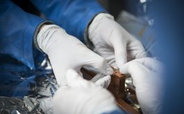 2018/02 - Clamping the three SPIRou octagonal fibers of the pupil slicer on the ferrule separating the cold and warm sections of the vessel (© S. Chastanet - CNRS/OMP)