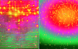 2017/05 - Spectrum of a Th-Ar hollow cathode lamp as measured with SPIRou during the second cycle (left) and as derived from simulations (right). A number of spectral orders / features are identified on the image (©J-F Donati - IRAP/OMP)