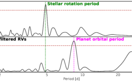 2021/02 - These curves depict the probability of a periodic oscillation to be present in the SPIRou radial velocity (RV) data, for wobble periods ranging from 1 to 50 days. Once the periodic RV signal induced by the activity of the rotating star (at a period of 4.86 day) is corrected for in the raw RV data (upper panel), the periodic signal induced by the newly-detected orbiting planet (at a period of 8.46 day) clearly shows up in the filtered RV data (lower panel) at a confidence level higher than 99.9%. ©B. Klein