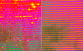 2017/05 - Close up views on SPIRou spectra, with the instrument fed with light from a U-Ne hollow cathode lamp (left) and Fabry-Perot etalon (right) (©IRAP/OMP)